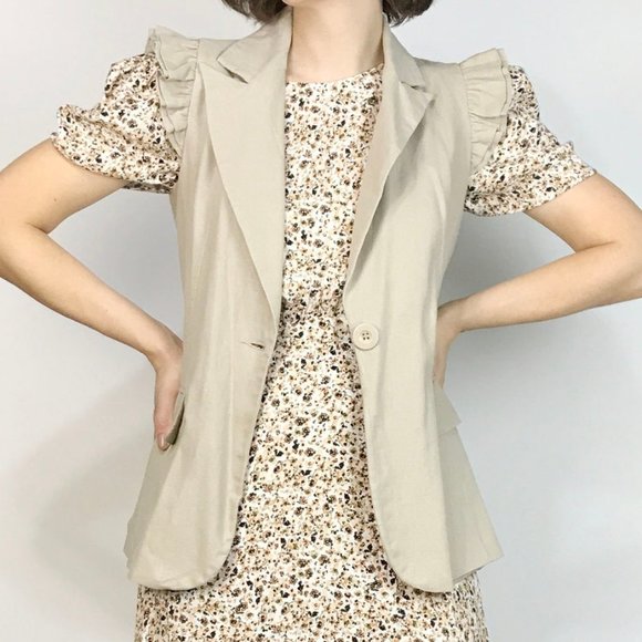 Khaki LINEN Button up Vest with FRILL Shoulders! Small to Medium - Picture 6 of 6